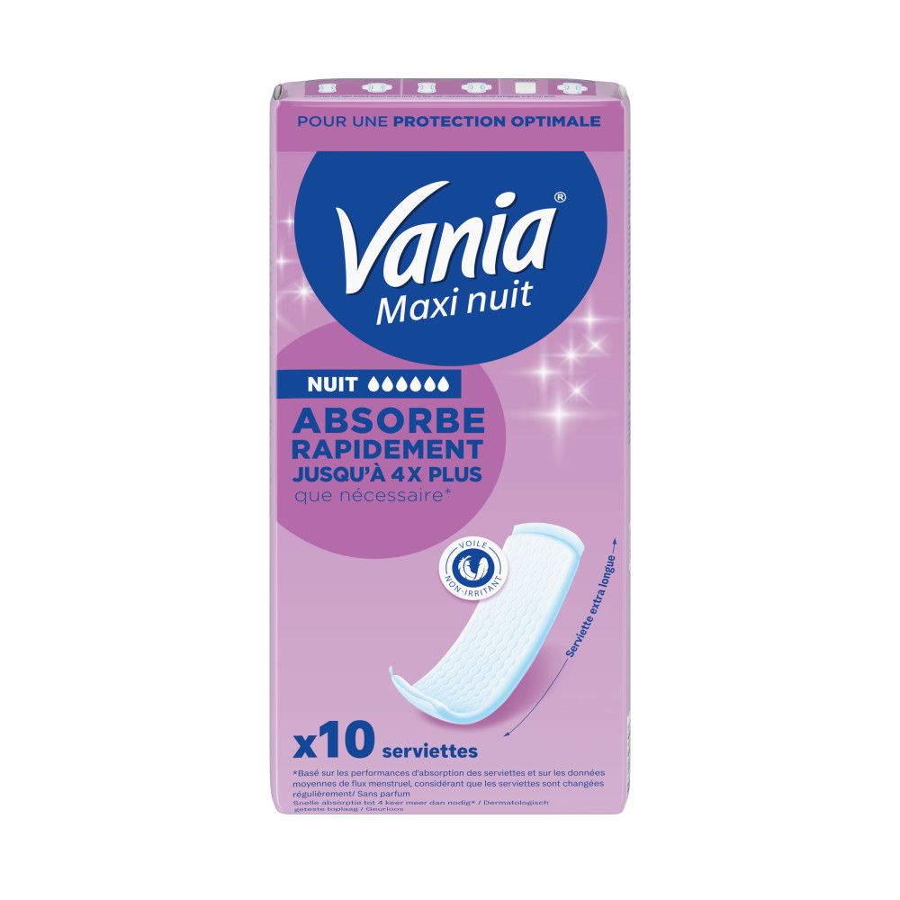 Verpackung von Damenbinden. Aufschrift: Vania Maxi nuit, Nuit, Absorbiert schnell bis zu 4x mehr. 10 Servietten.