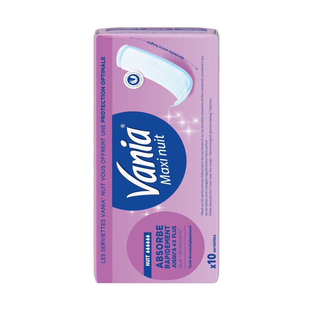 Verpackung von Damenbinden. Aufschrift: Vania Maxi nuit, Nuit, Absorbiert schnell bis zu 4x mehr. 10 Servietten.