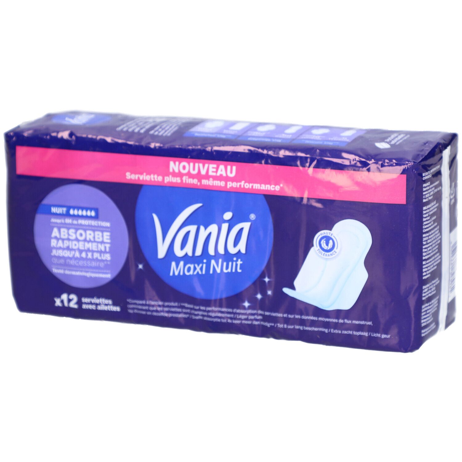 Paquet de 12 serviettes. Inscription: Vania Maxi Nuit, nuit, absorbe rapidement, plus fin.