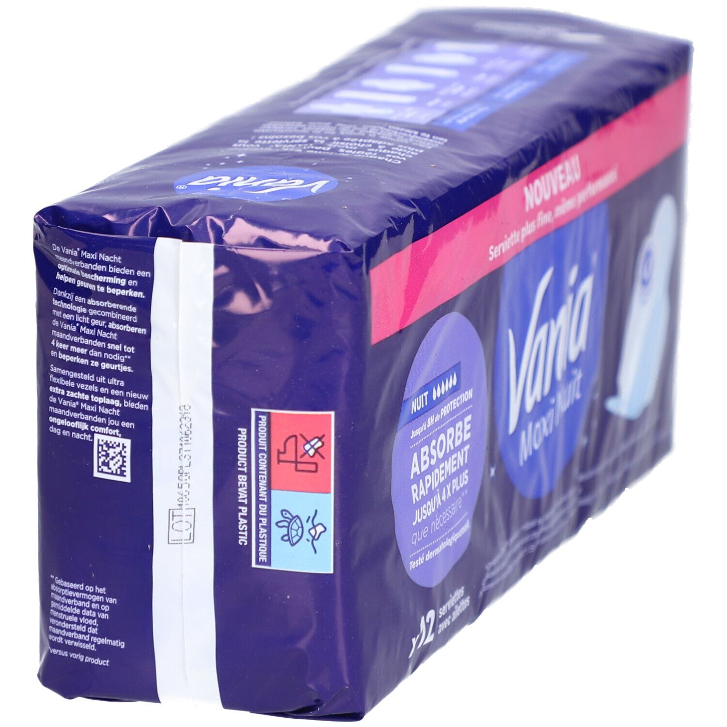 Paquet de 12 serviettes. Inscription: Vania Maxi Nuit, nuit, absorbe rapidement, plus fin.