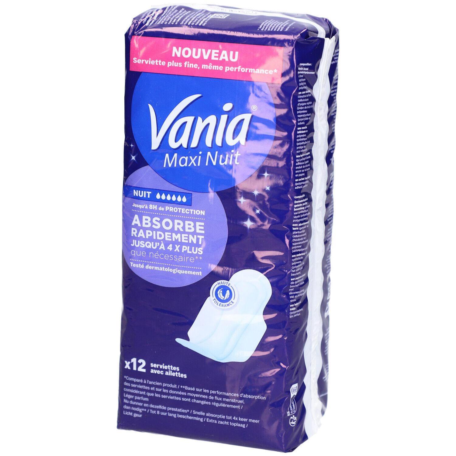 Paquet de 12 serviettes. Inscription: Vania Maxi Nuit, nuit, absorbe rapidement, plus fin.