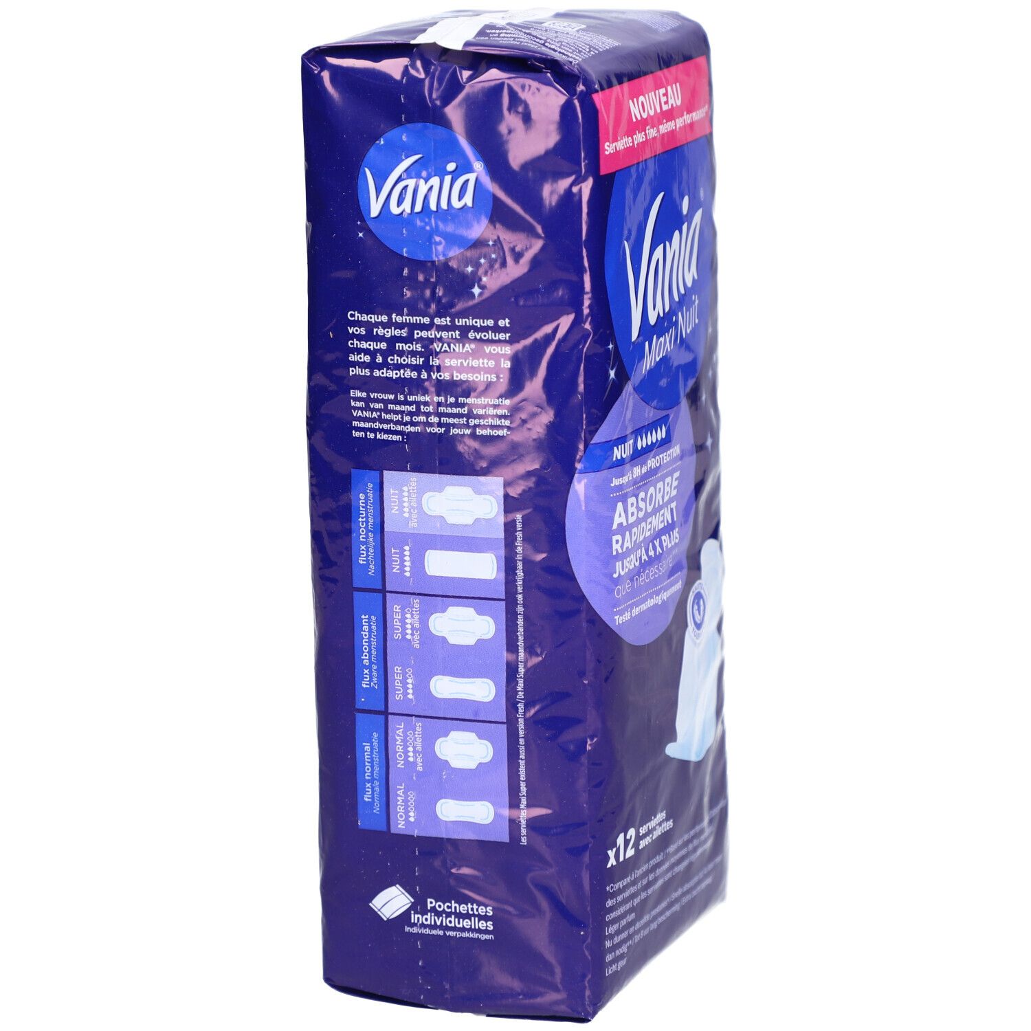 Paquet de 12 serviettes. Inscription: Vania Maxi Nuit, nuit, absorbe rapidement, plus fin.