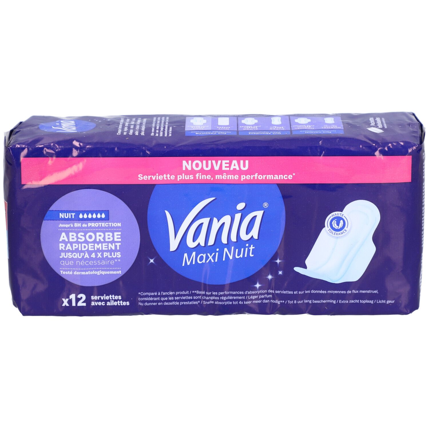 Paquet de 12 serviettes. Inscription: Vania Maxi Nuit, nuit, absorbe rapidement, plus fin.