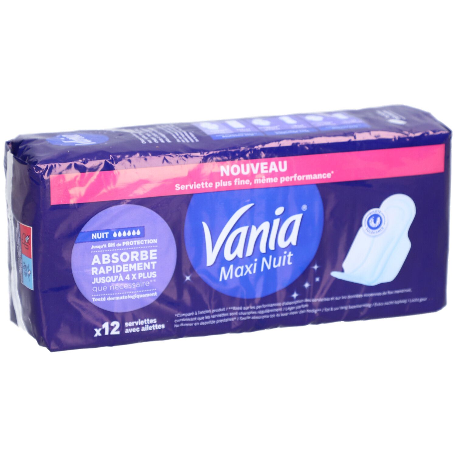 Paquet de 12 serviettes. Inscription: Vania Maxi Nuit, nuit, absorbe rapidement, plus fin.
