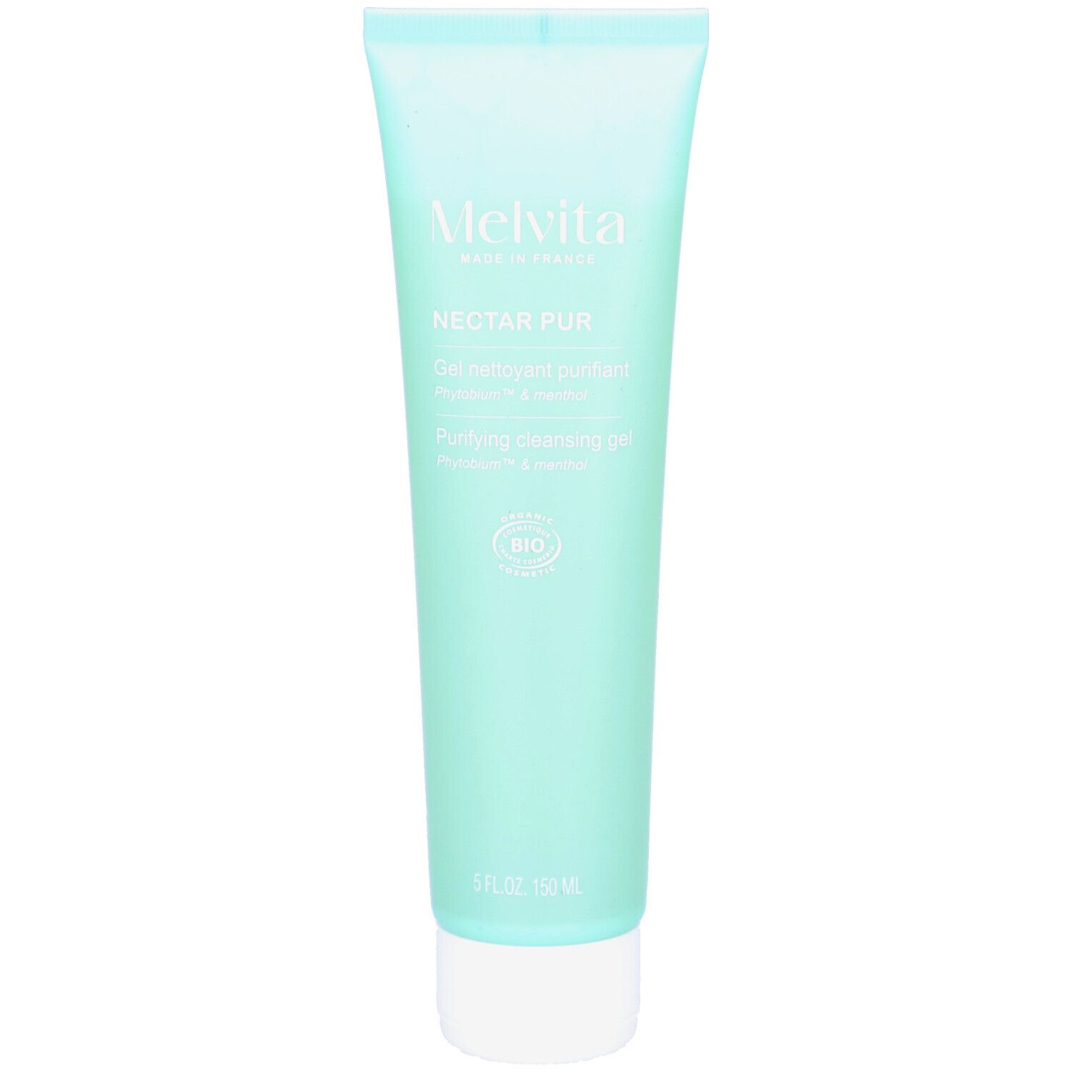 Tube vert clair avec bouchon blanc. Inscription : Melvita, Nectar Pur, Gel Nettoyant Purifiant, certification Bio.