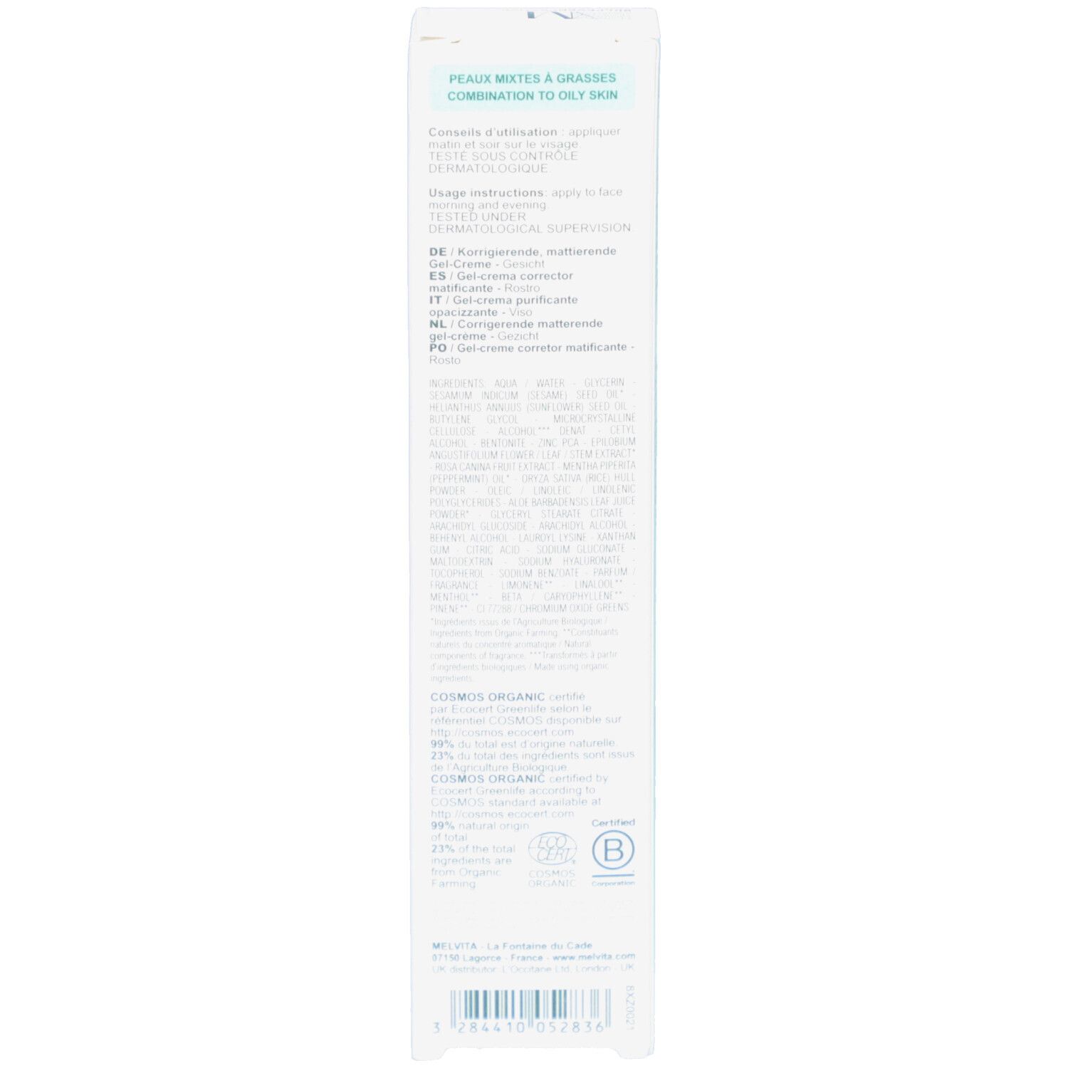 Boîte avec texte. Inscription : Peaux mixtes à grasses. Ingrédients. Certification BIO.
