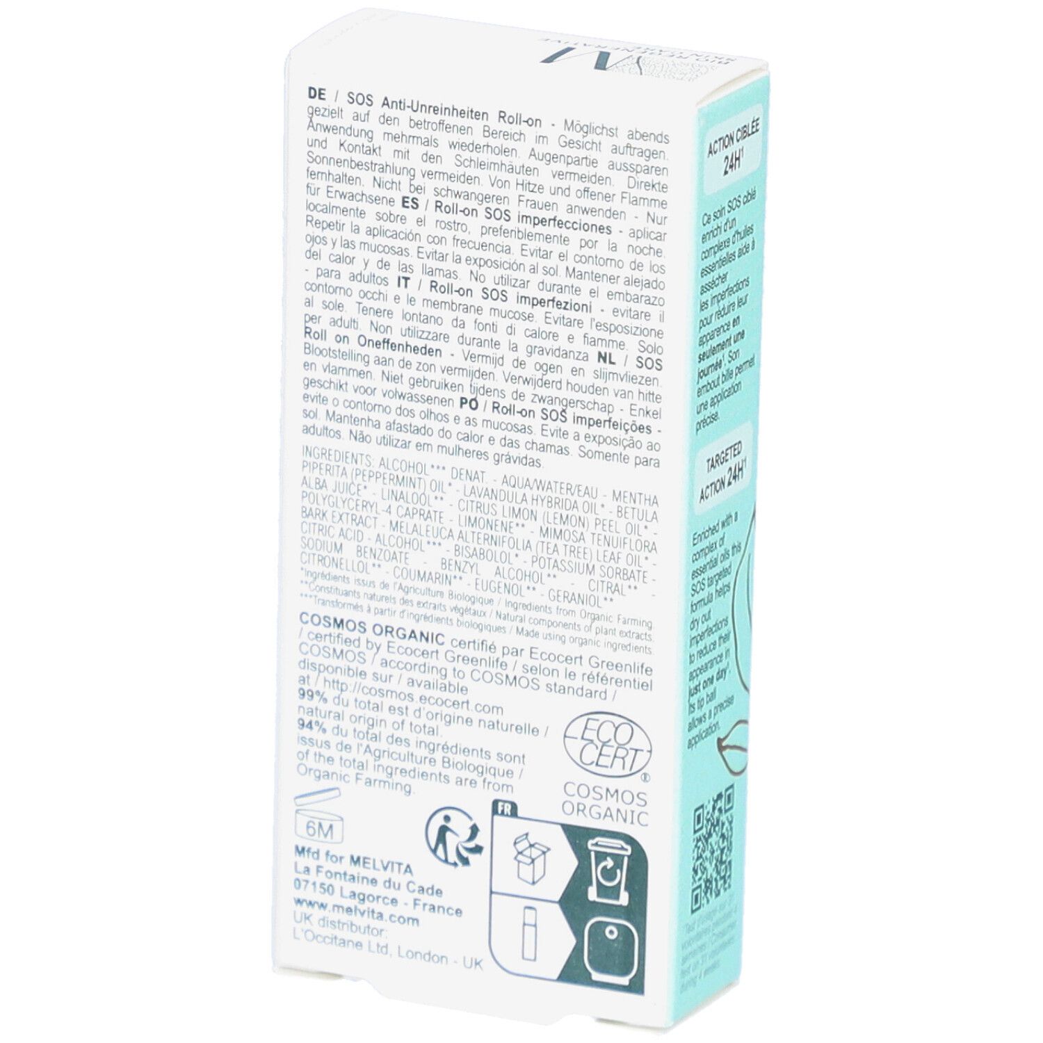 Rückseite der Schachtel mit Text in mehreren Sprachen. Enthält Informationen zu Inhaltsstoffen und Anwendung.