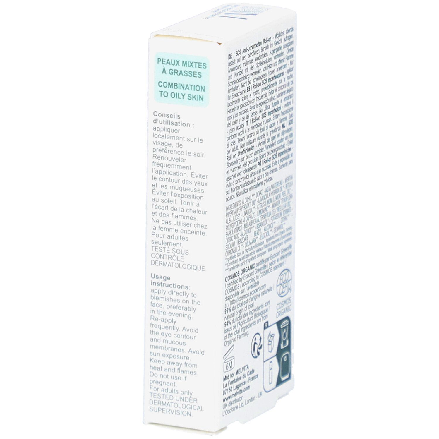 Seite der Schachtel mit Text. Enthält Anwendungshinweise und Informationen für Mischhaut.