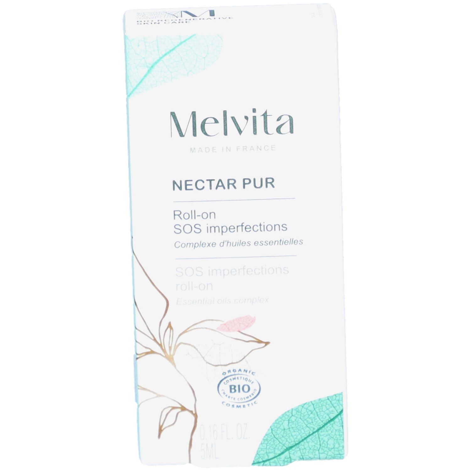 Weiße Schachtel mit Produktnamen und Logo. Enthält Roll-on für Hautunreinheiten. Bio-Zertifizierung.