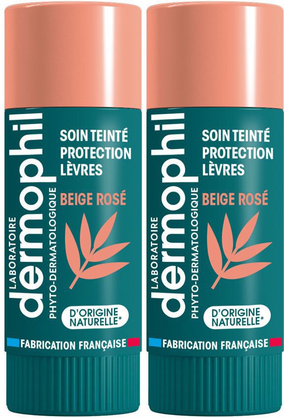 Zwei Lippenpflegestifte mit rosafarbenem Deckel. Aufschrift: Dermophil, Soin Teinté Protection Lèvres, Beige Rosé, D'Origine Naturelle.