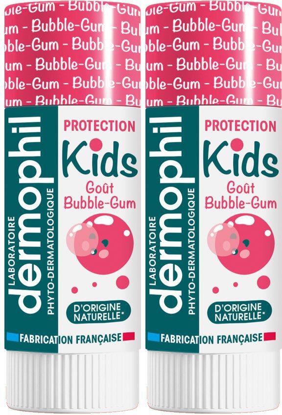 Zwei Lippenpflegestifte. Aufschrift: dermophil Kids, Bubble-Gum-Geschmack. Französische Herstellung, natürliche Inhaltsstoffe.