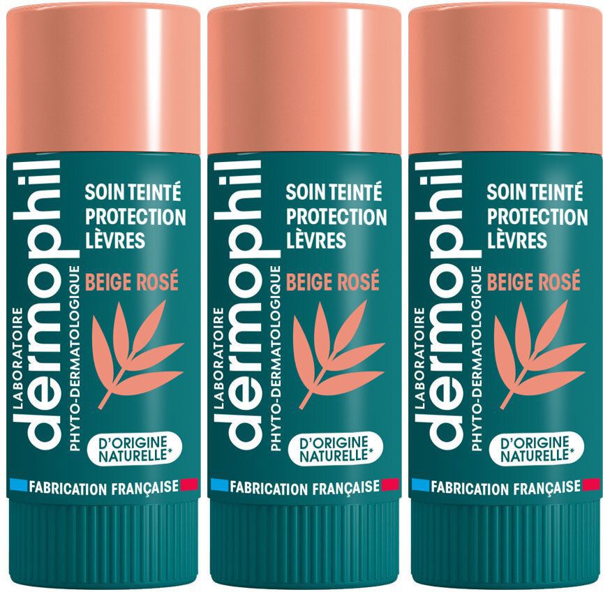 Drei Lippenpflegestifte mit rosa Kappe und grüner Hülse. Aufschrift: Dermophil, Soin Teinté Protection Lèvres, Beige Rosé.