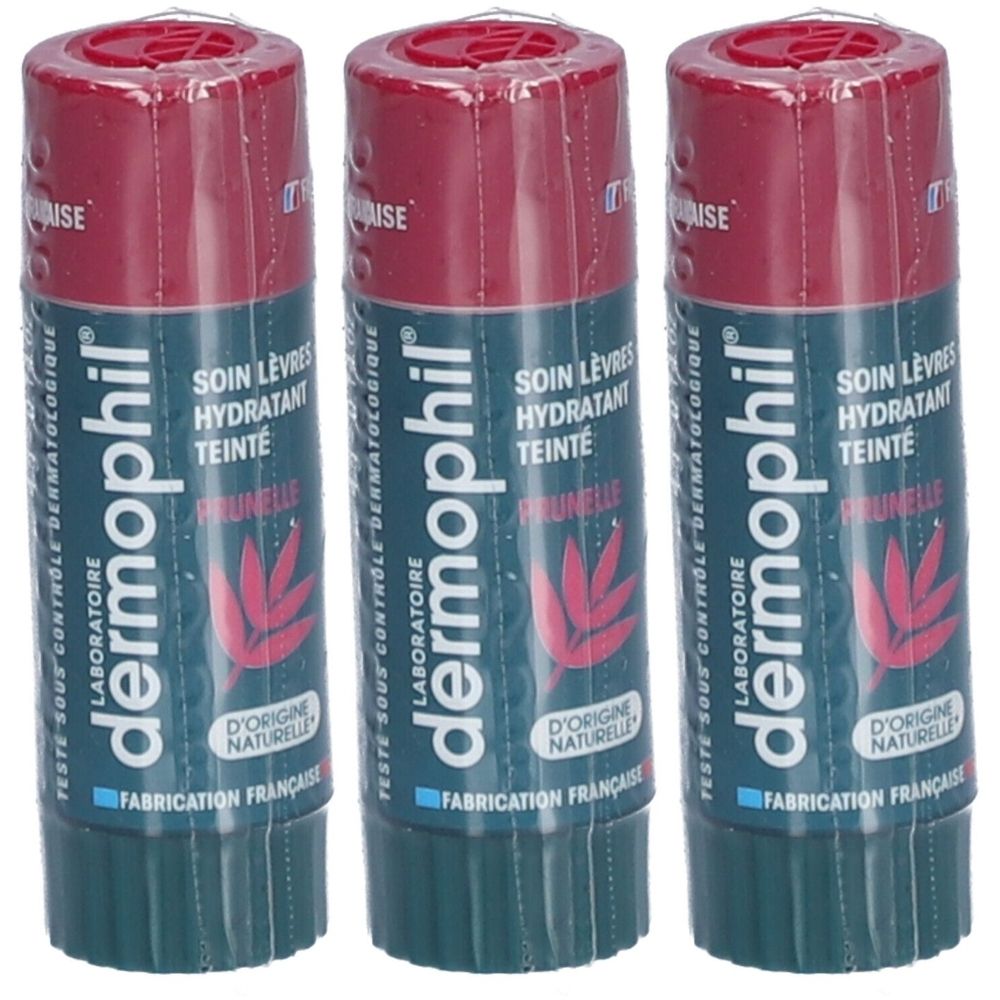 Trois sticks de baume à lèvres emballés. Inscription: dermophil, Soin Lèvres Hydratant Teinté, Prunelle. Fabrication française.