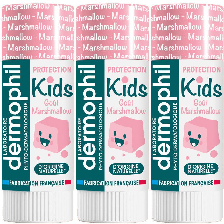 Drei Lippenpflegestifte mit rosa Marshmallow-Motiv. Aufschrift: dermophil Kids, Goût Marshmallow, D'origine naturelle, Fabrication Française.