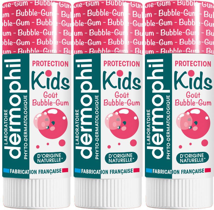 Trois sticks à lèvres. Inscription: Kids, Goût Bubble-Gum. Marque: dermophil. Avec le label D'ORIGINE NATURELLE. Fabrication française.
