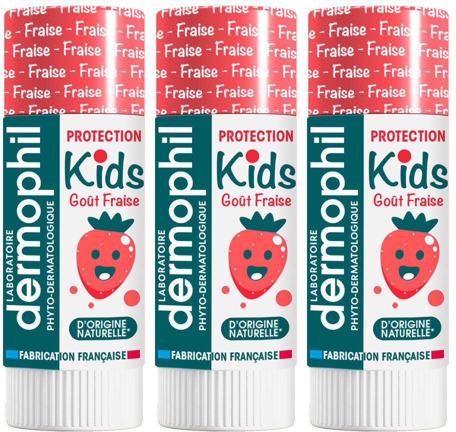 Drei Lippenpflegestifte mit roter Verpackung. Aufschrift: Kids, Goût Fraise, Dermophil. Abbildung einer Erdbeere.