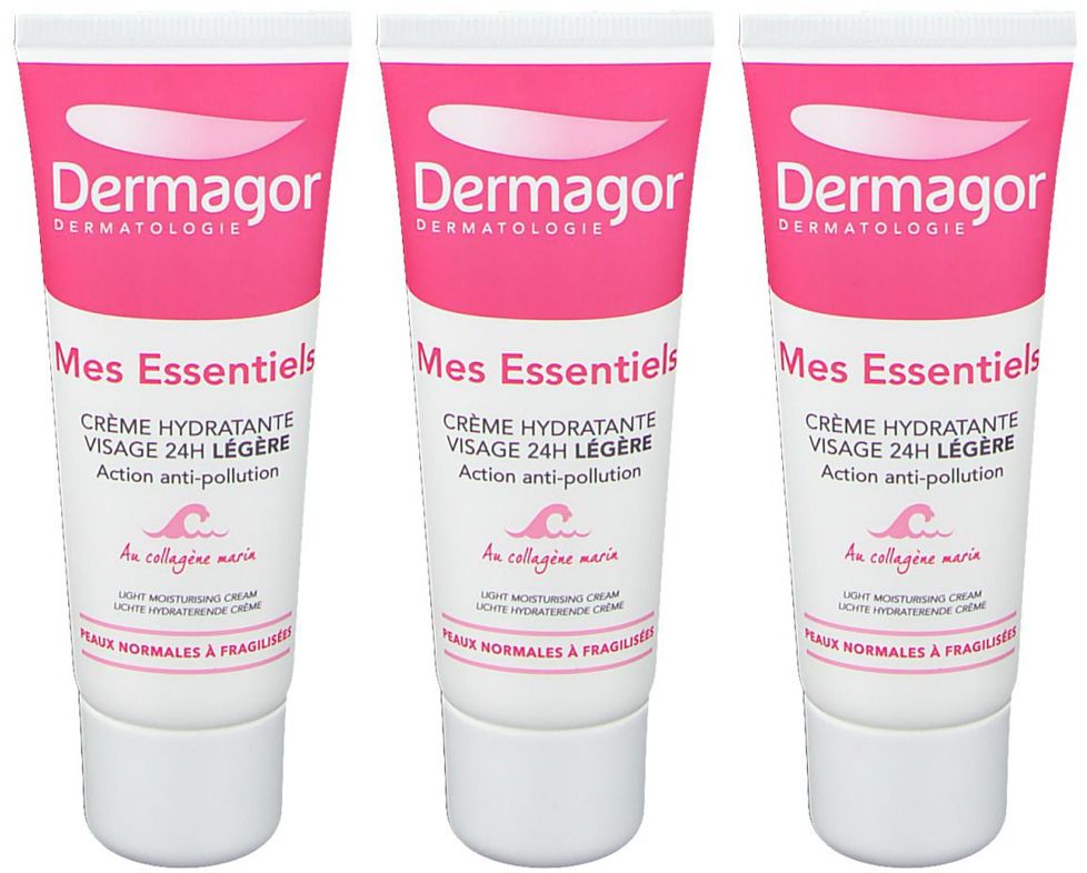 Trois tubes de crème pour le visage. Emballage rose et blanc avec l'inscription "Dermagor Mes Essentiels". Texte: Crème Hydratante Visage 24H Légère.