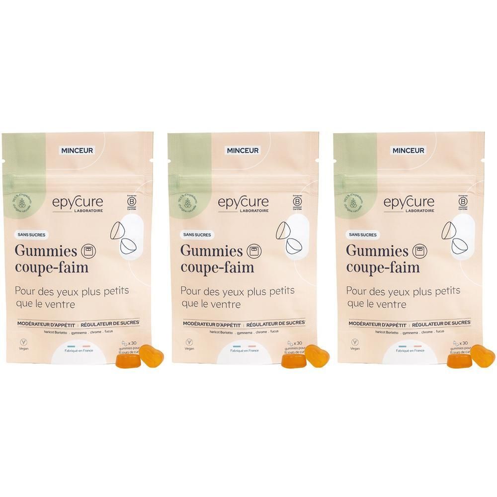 Drei Beutel mit Gummies. Aufschrift: Epycure, Gummies coupe-faim. Vegan. Ohne Zucker. Orangefarbene Gummies liegen daneben.