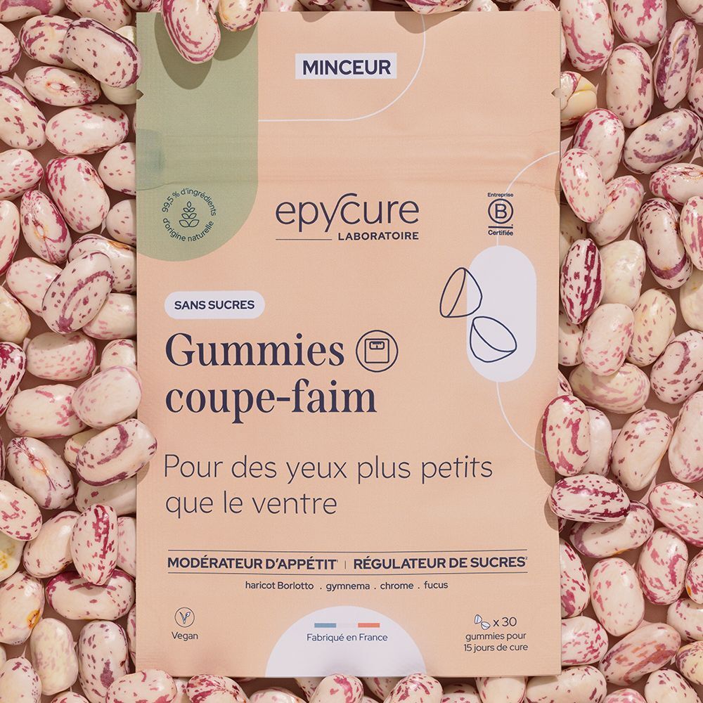 Beutel mit Gummies, umgeben von Bohnen. Aufschrift: Epycure, Gummies coupe-faim. Vegan. Ohne Zucker.
