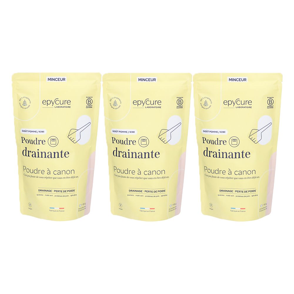 Drei Beutel EPYCURE LABORATORIUM Entwässerungspuder. Helle Verpackung mit Produktinformationen und Logo.