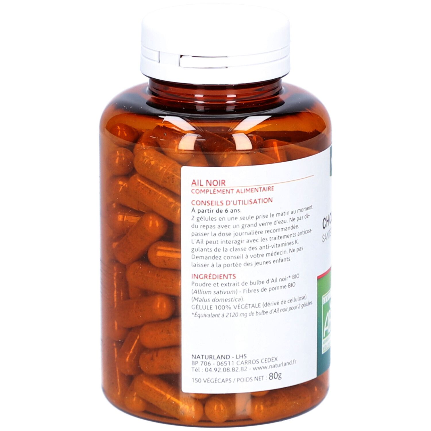 Rückseite einer braunen Flasche mit Kapseln. Etikett mit Inhaltsstoffen und Anwendungshinweisen. Weißer Deckel.