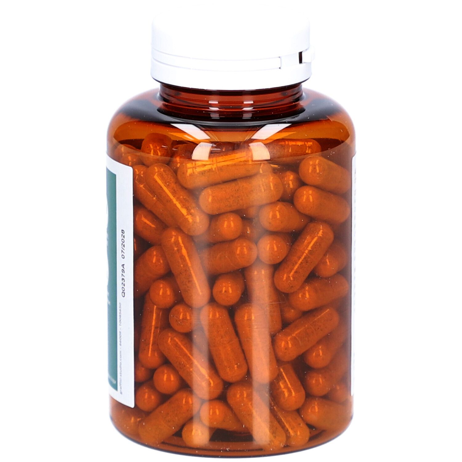 Braune Flasche mit Kapseln. Weißer Deckel. Kapseln in der Flasche sichtbar.