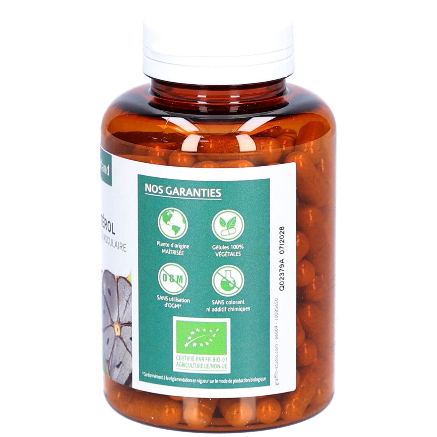 Rückseite einer braunen Flasche mit Kapseln. Etikett mit Garantien und Bio-Siegel. Weißer Deckel.