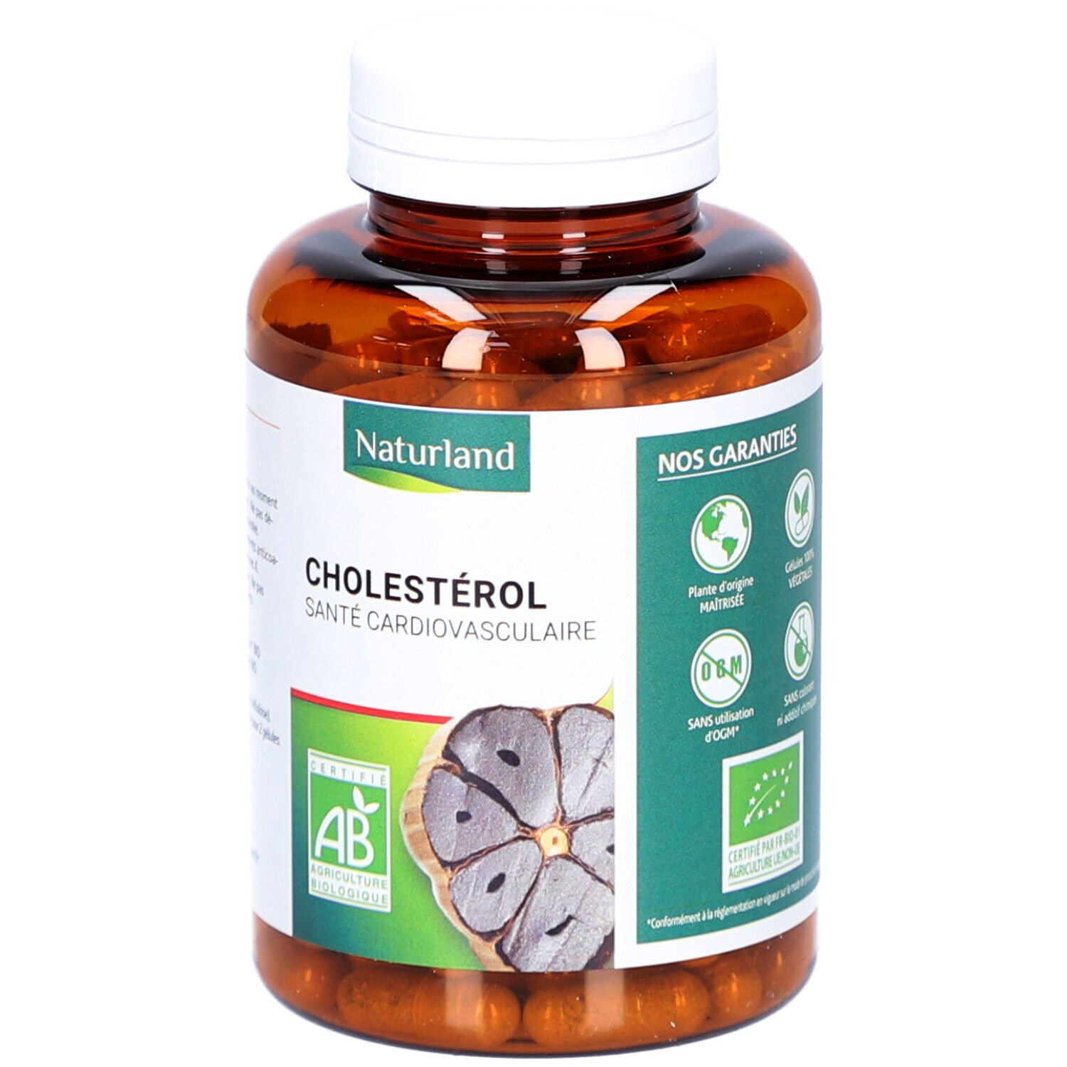 Braune Flasche mit Kapseln. Etikett mit Produktname, Knoblauch-Abbildung und AB-Bio-Siegel. Weißer Deckel.