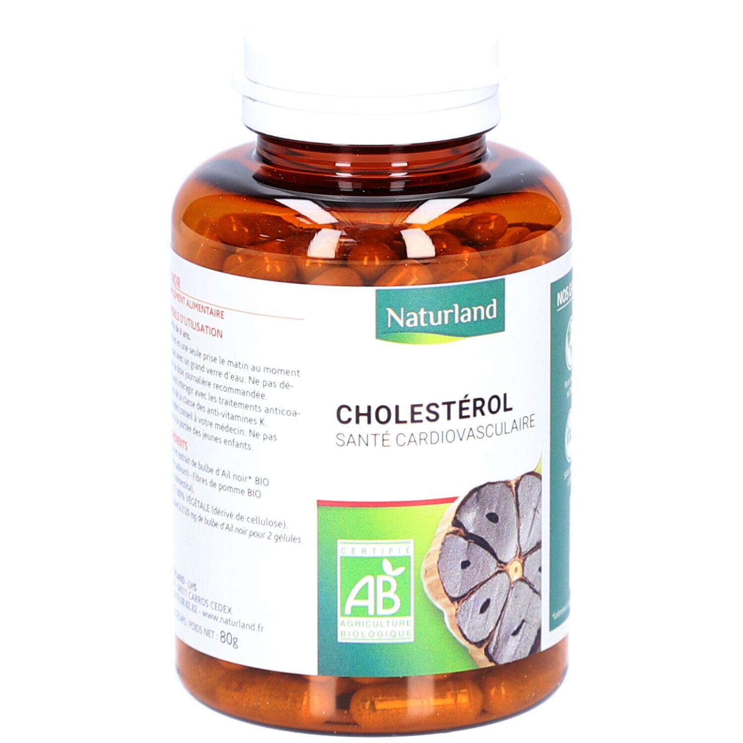 Braune Flasche mit Kapseln. Etikett mit Produktname, Knoblauch-Abbildung und AB-Bio-Siegel. Weißer Deckel.