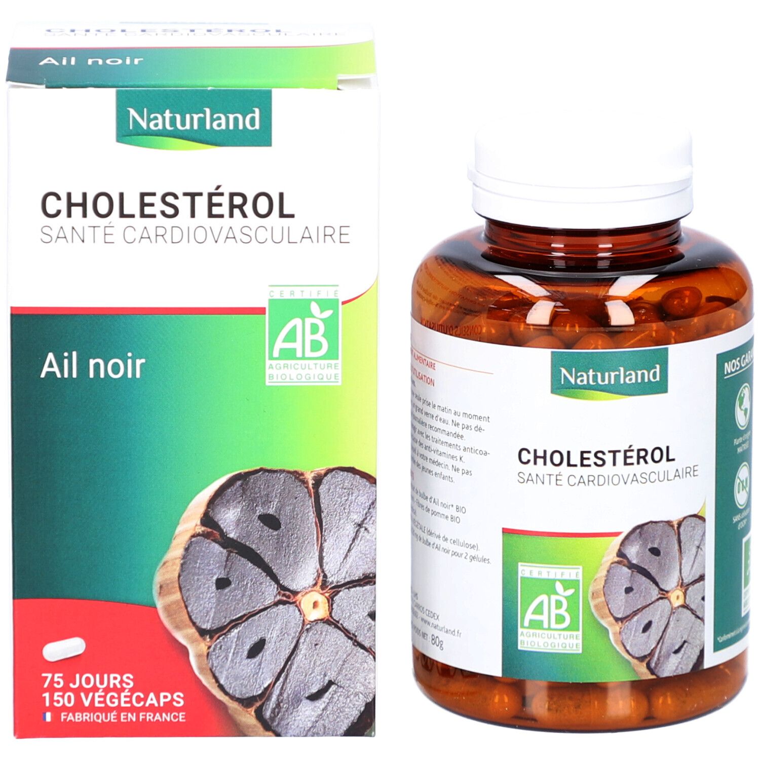 Produktpackung und Flasche mit Kapseln. Packung mit Produktname, Knoblauch-Abbildung und AB-Bio-Siegel.