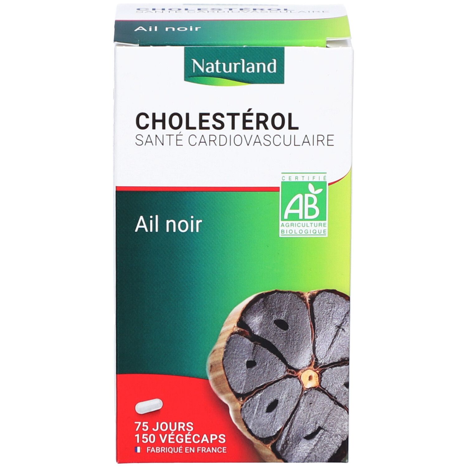 Produktpackung mit Produktname, Knoblauch-Abbildung und AB-Bio-Siegel. Enthält Kapsel.