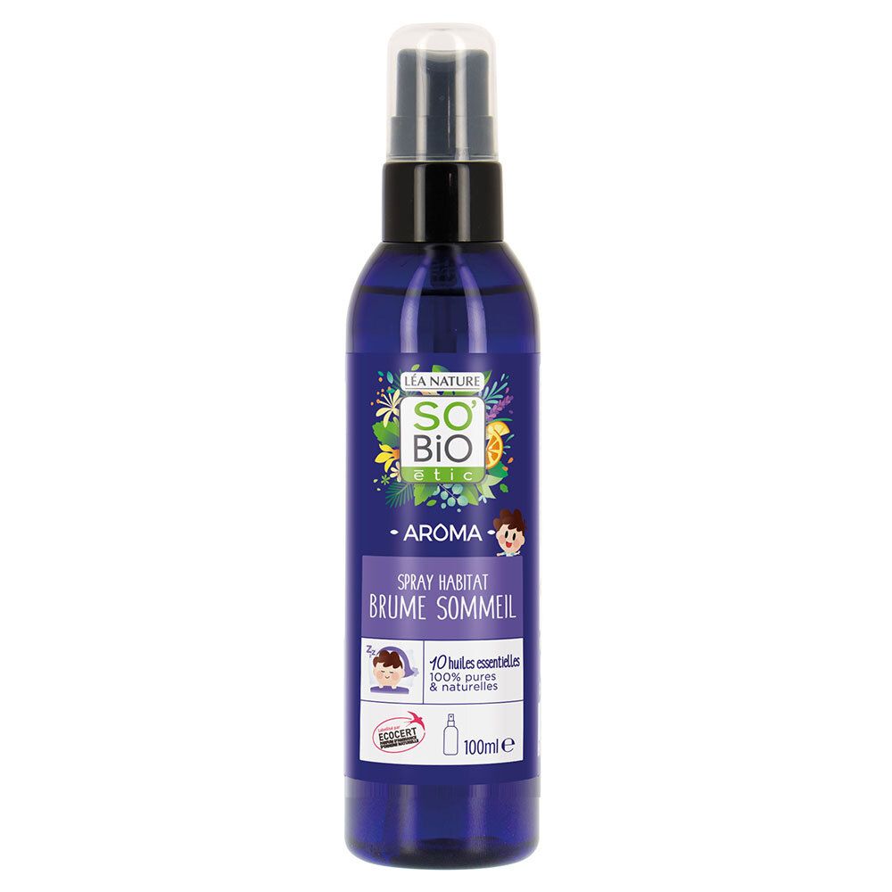 Blaue Sprühflasche mit schwarzem Verschluss. Aufschrift: SO BIO ETIC, Aroma, Spray Habitat Brume Sommeil. 100ml.