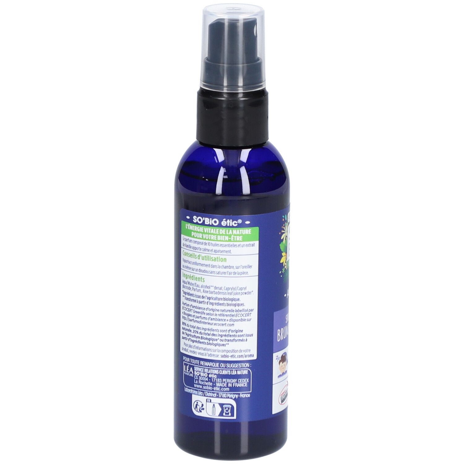Dos du flacon spray bleu. Texte: SO BIO ETIC, ingrédients, mode d'emploi. Avec certifications.