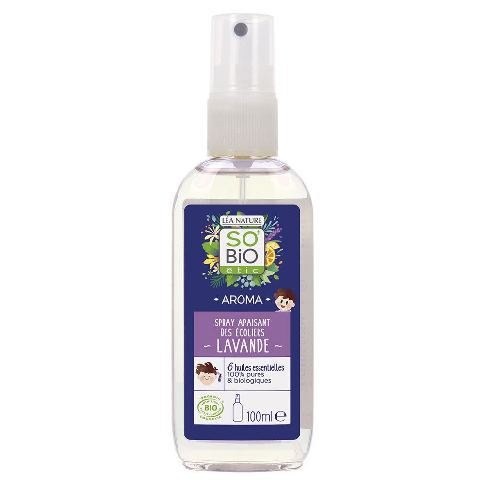 Flacon spray SO'BiO étic® Lavande. Étiquette violette avec informations produit et logo. Contenance 100ml. Pour enfants.
