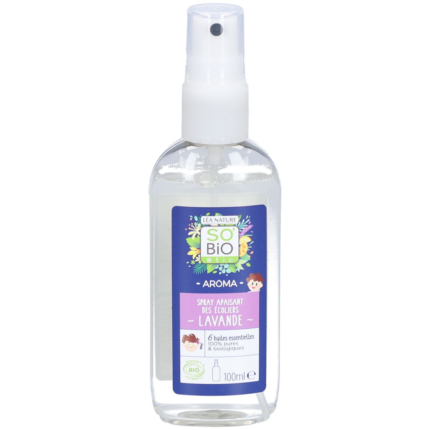 SO BIO ETIC Spray, transparente Flasche mit Sprühkopf. Etikett mit Logo, Text und Illustrationen.