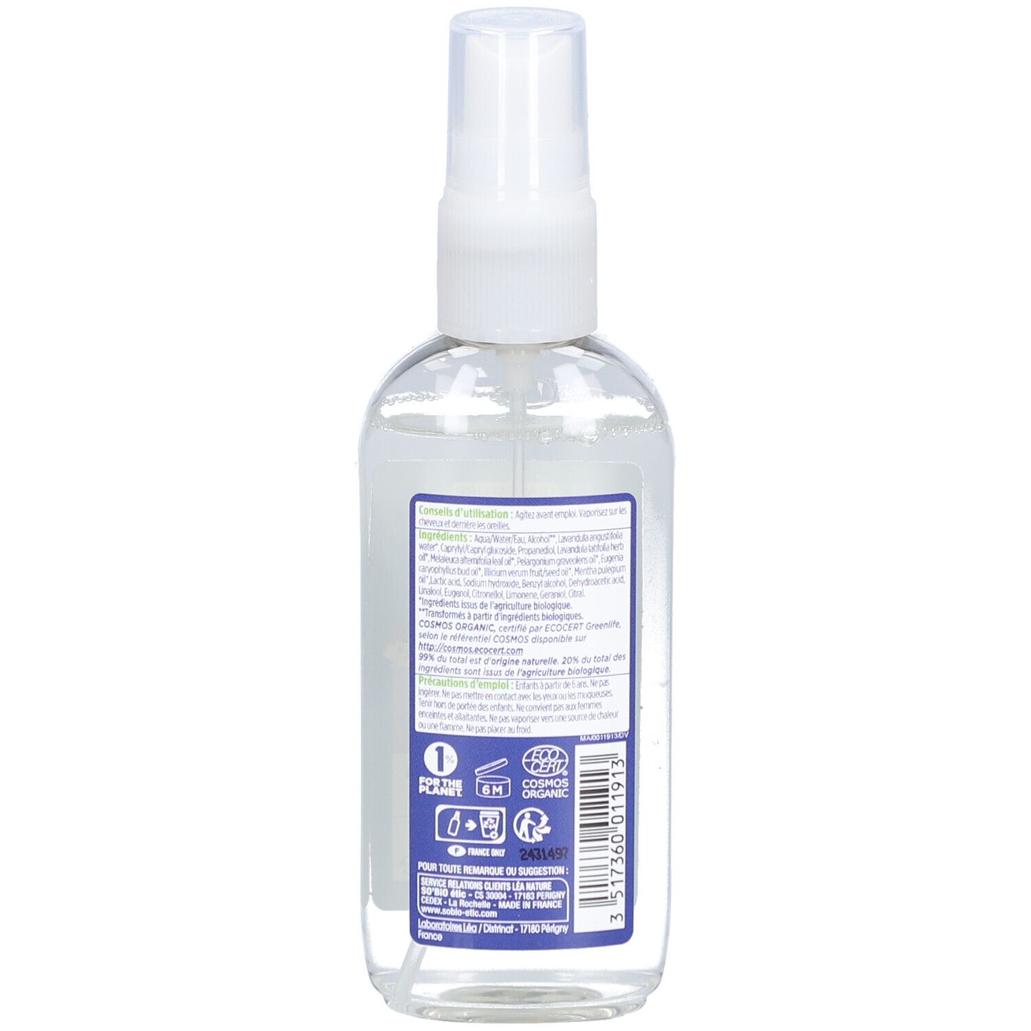 Rückseite der SO BIO ETIC Spray-Flasche. Etikett mit Text, Inhaltsstoffen, Logo und Zertifizierungen.