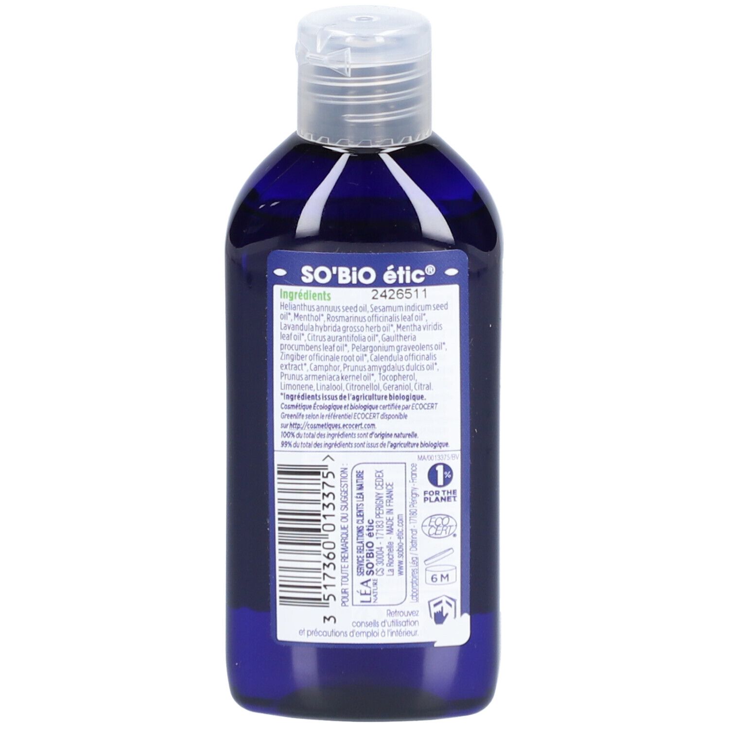 Rückseite der blauen Flasche. Aufschrift: SO'BiO étic, Inhaltsstoffe, 2426511. Siegel: For the planet, 6M.