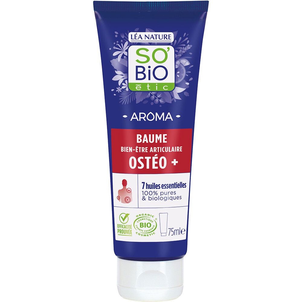 Blaue Tube mit weißem Deckel. Aufschrift: SO'BiO étic, Aroma, Baume, Bien-être articulaire, OSTÉO +. Bio-Siegel.