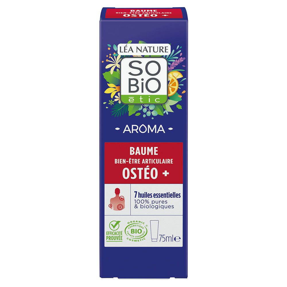 Blaue Verpackung. Aufschrift: SO'BiO étic, Aroma, Baume, Bien-être articulaire, OSTÉO +. Bio-Siegel. Produktabbildung.