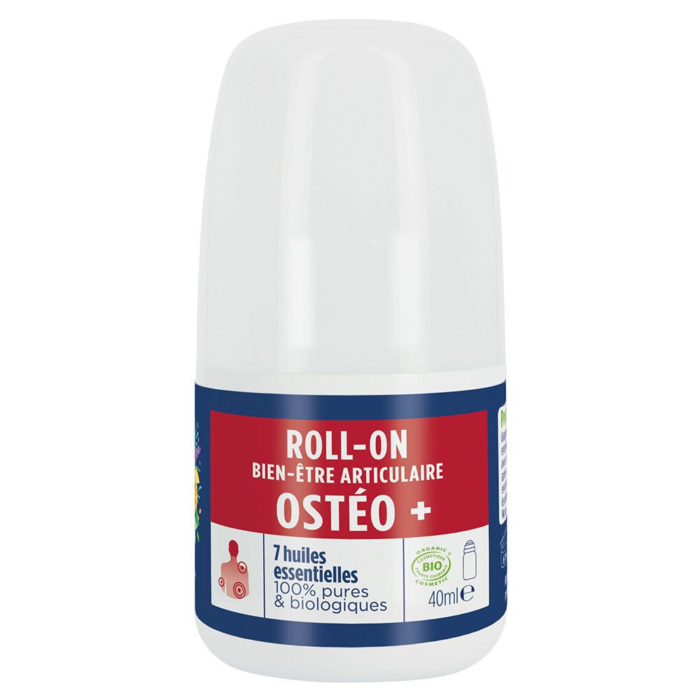 Roll-on blanc avec étiquette bleue et rouge. Texte : Osteo+, 7 huiles essentielles, label bio, 40ml.