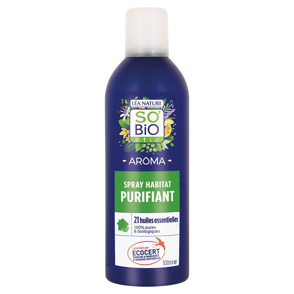 Blau-weiße Sprühflasche. Aufschrift: SO'BiO étic Aroma, Spray Habitat Purifiant, 21 ätherische Öle. ECOCERT-Siegel.