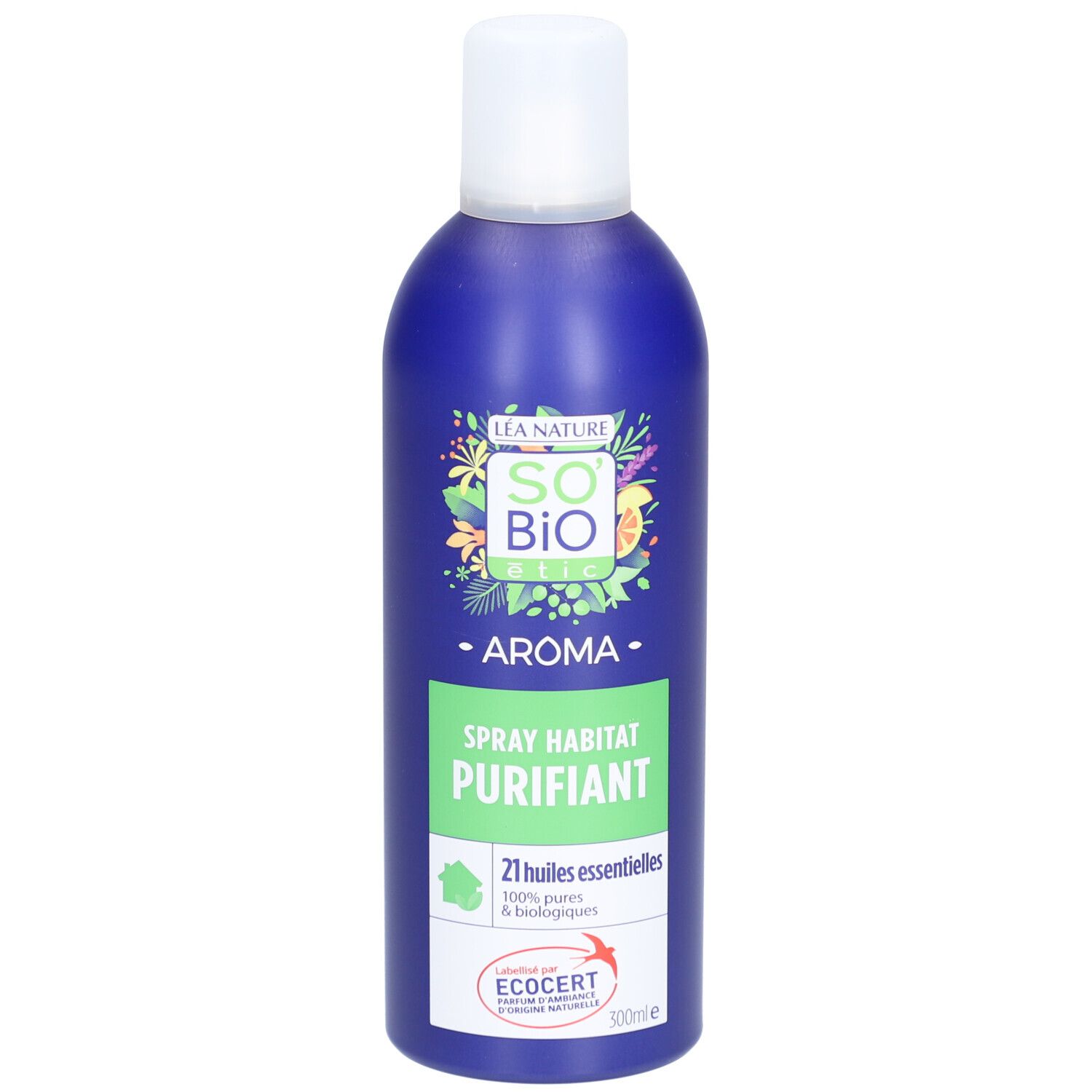 Blaue Sprühflasche mit weißem Deckel. Aufschrift: SO BIO ETIC, AROMA, SPRAY HABITAT PURIFIANT. ECOCERT-Zertifizierung.