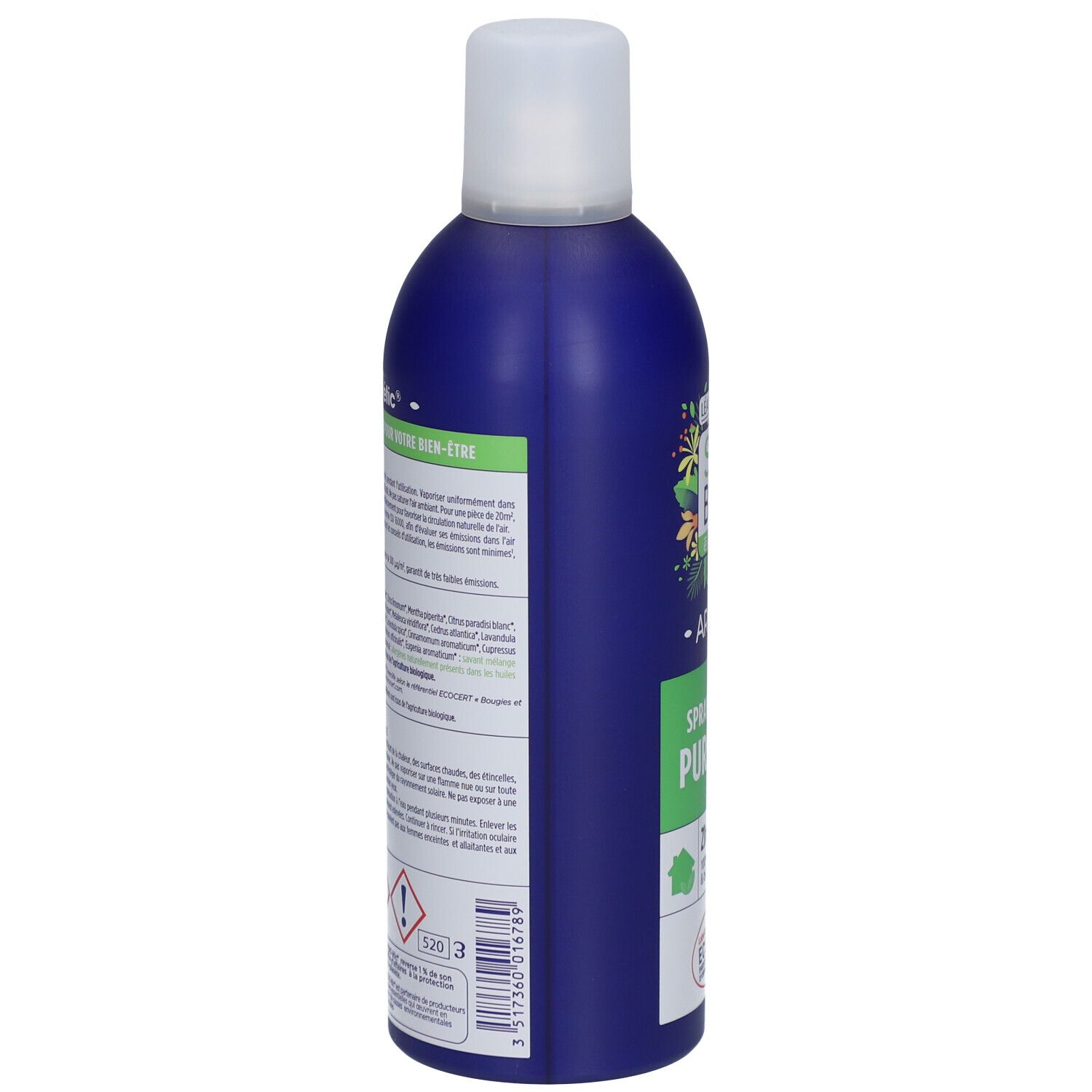 Blaue Sprühflasche. Rückseite mit Text. Warnhinweise und Inhaltsstoffe. ECOCERT-Logo und Barcode.