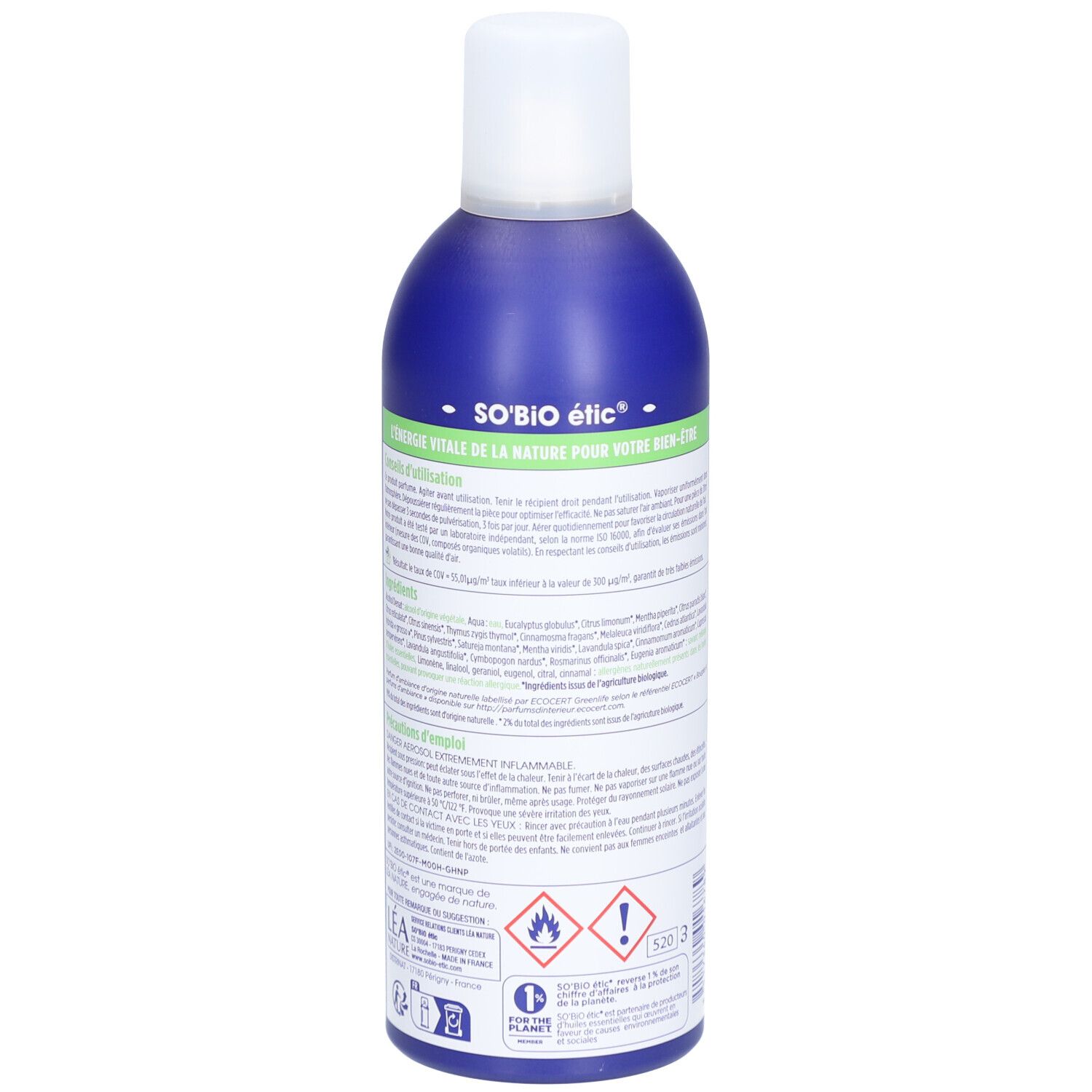 Blaue Sprühflasche. Rückseite mit Text. Warnhinweise und Inhaltsstoffe. Logos und Piktogramme.