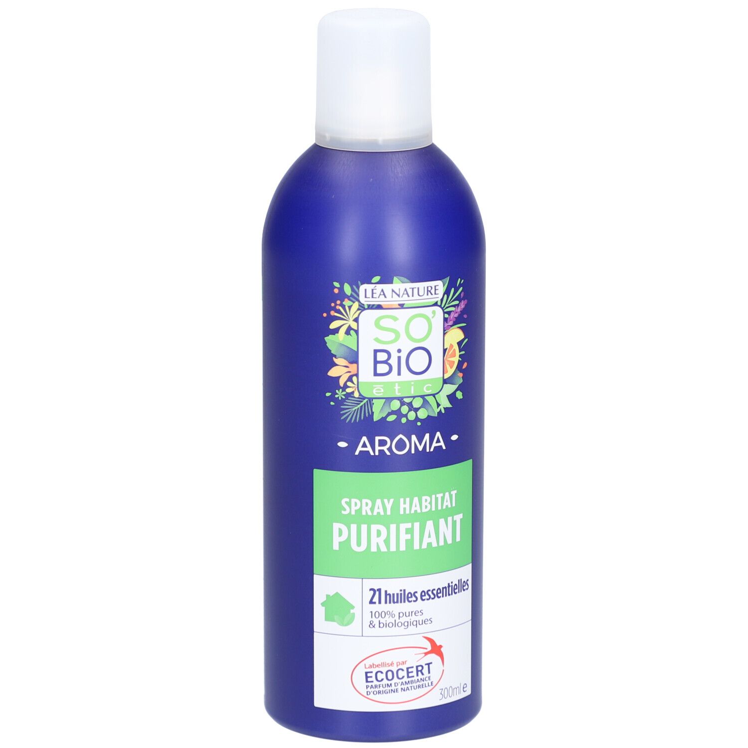 Blaue Sprühflasche mit weißem Deckel. Aufschrift: SO BIO ETIC, AROMA, SPRAY HABITAT PURIFIANT. ECOCERT-Zertifizierung.