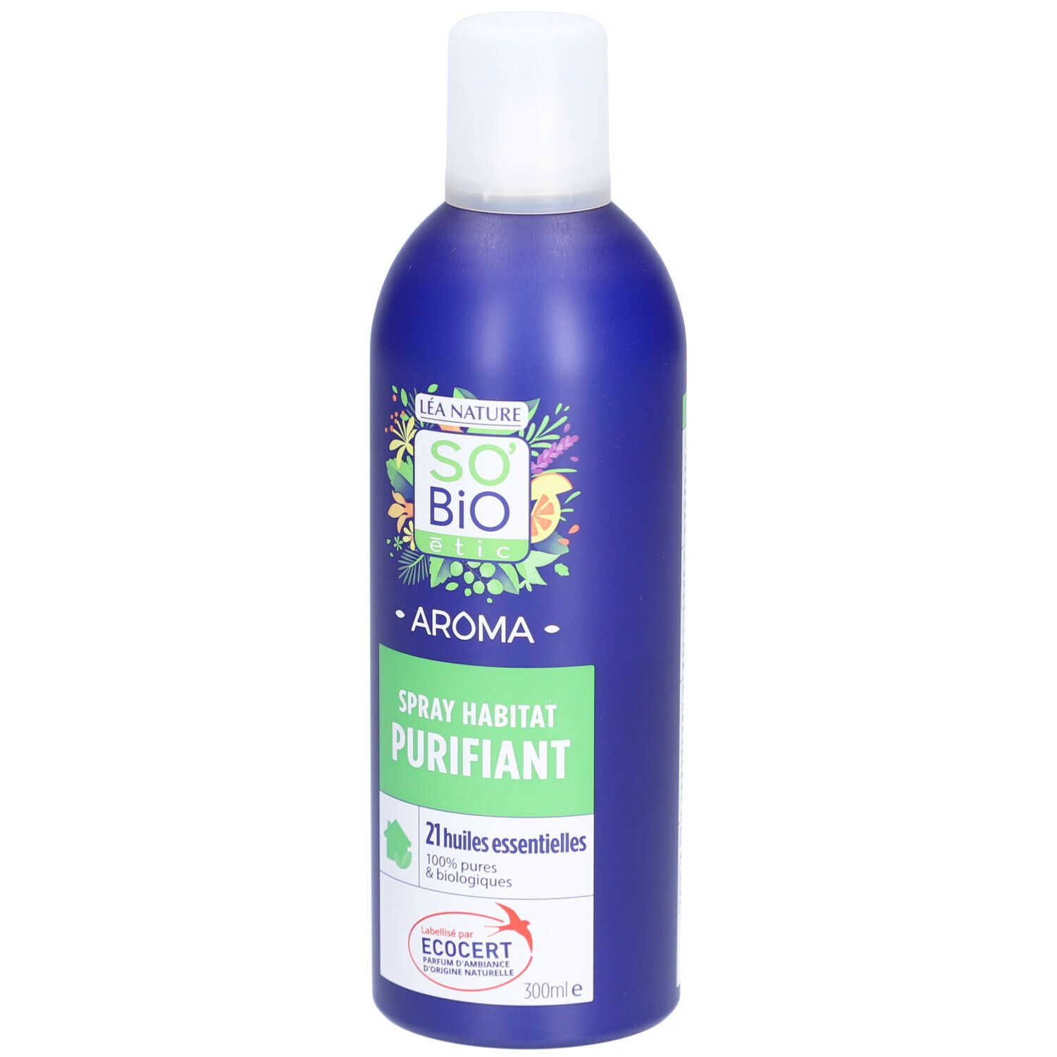 Blaue Sprühflasche mit weißem Deckel. Aufschrift: SO BIO ETIC, AROMA, SPRAY HABITAT PURIFIANT. ECOCERT-Zertifizierung.