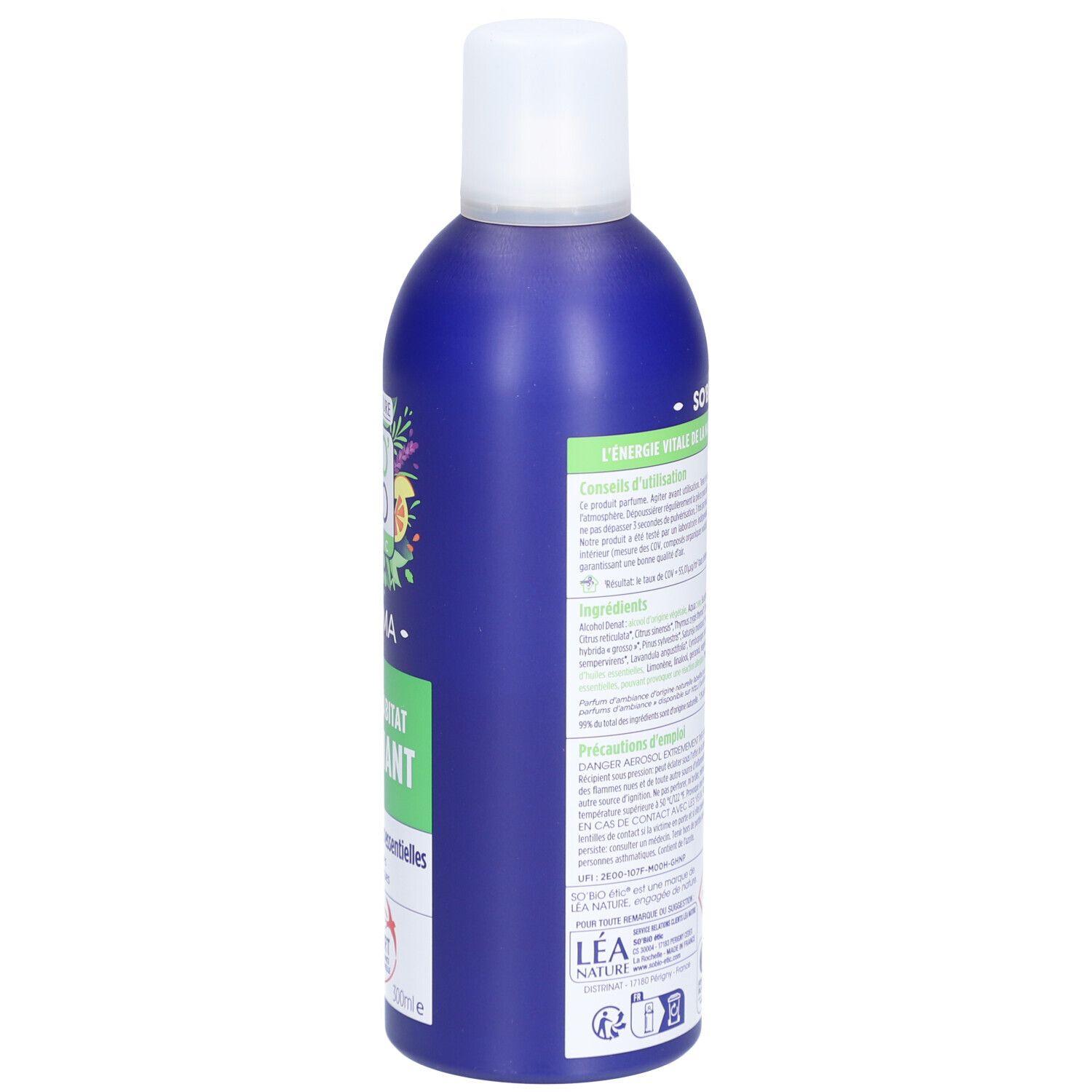 Blaue Sprühflasche. Rückseite mit Text. Gebrauchsanweisung und Inhaltsstoffe. Logos und Piktogramme.