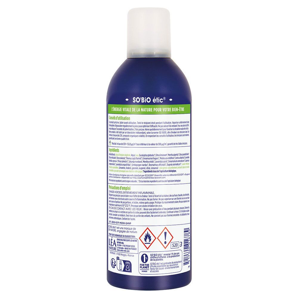 Rückseite der blauen Sprühflasche. Text mit Inhaltsstoffen und Warnhinweisen. ECOCERT-Logo und Gefahrensymbole.