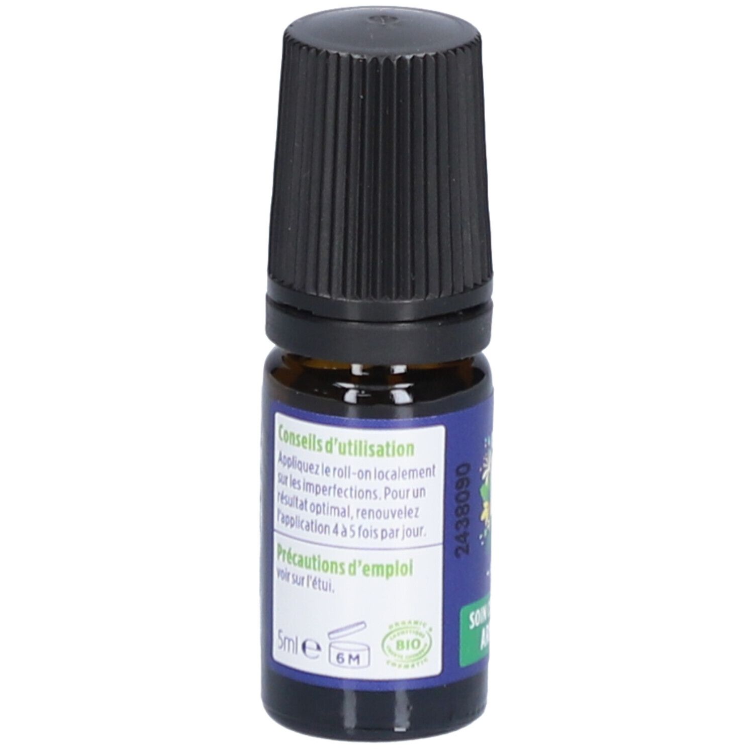 Flacon en verre brun, bouchon noir. Étiquette bleue avec texte. 5ml. Certification bio. Roll-on.