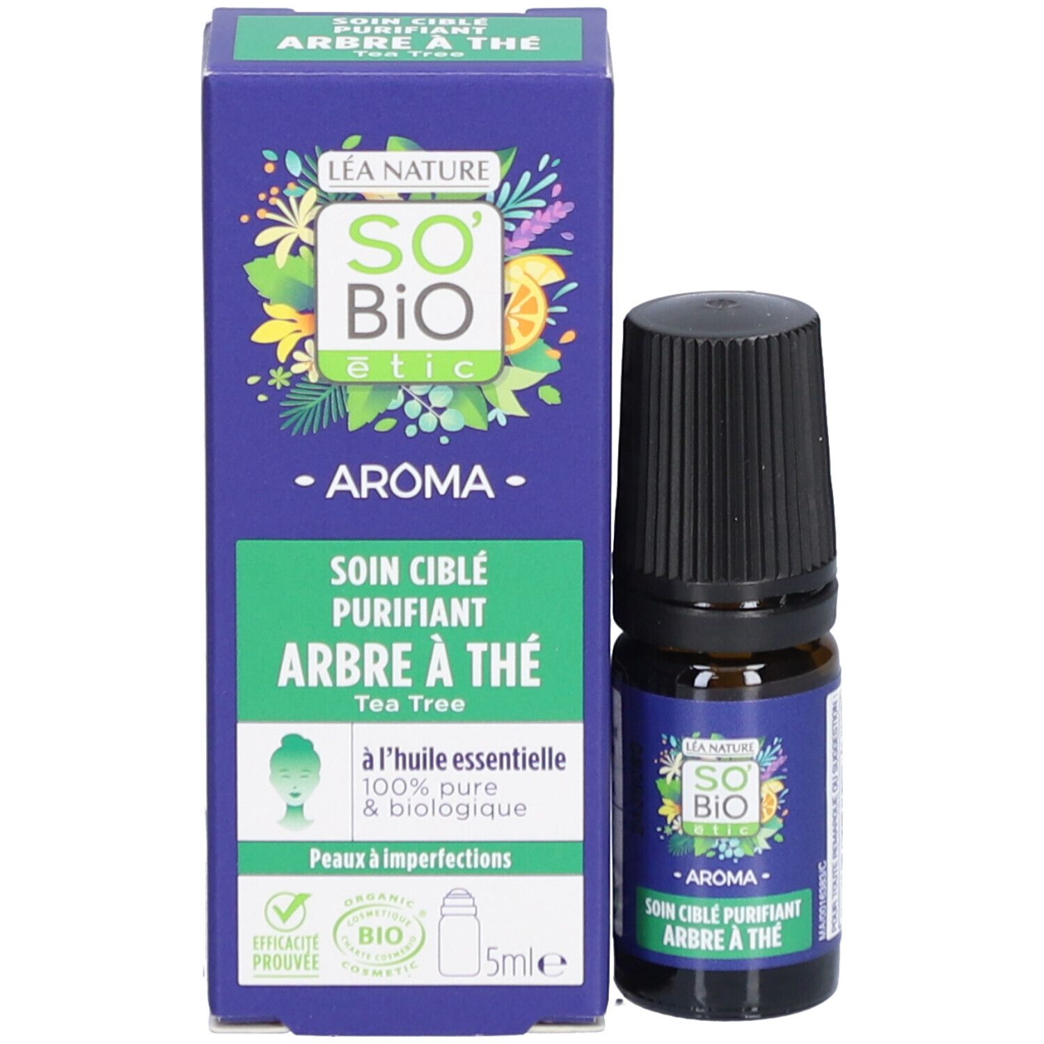 Produit et emballage. Flacon et boîte. Boîte bleue avec texte. 5ml. Certification bio.
